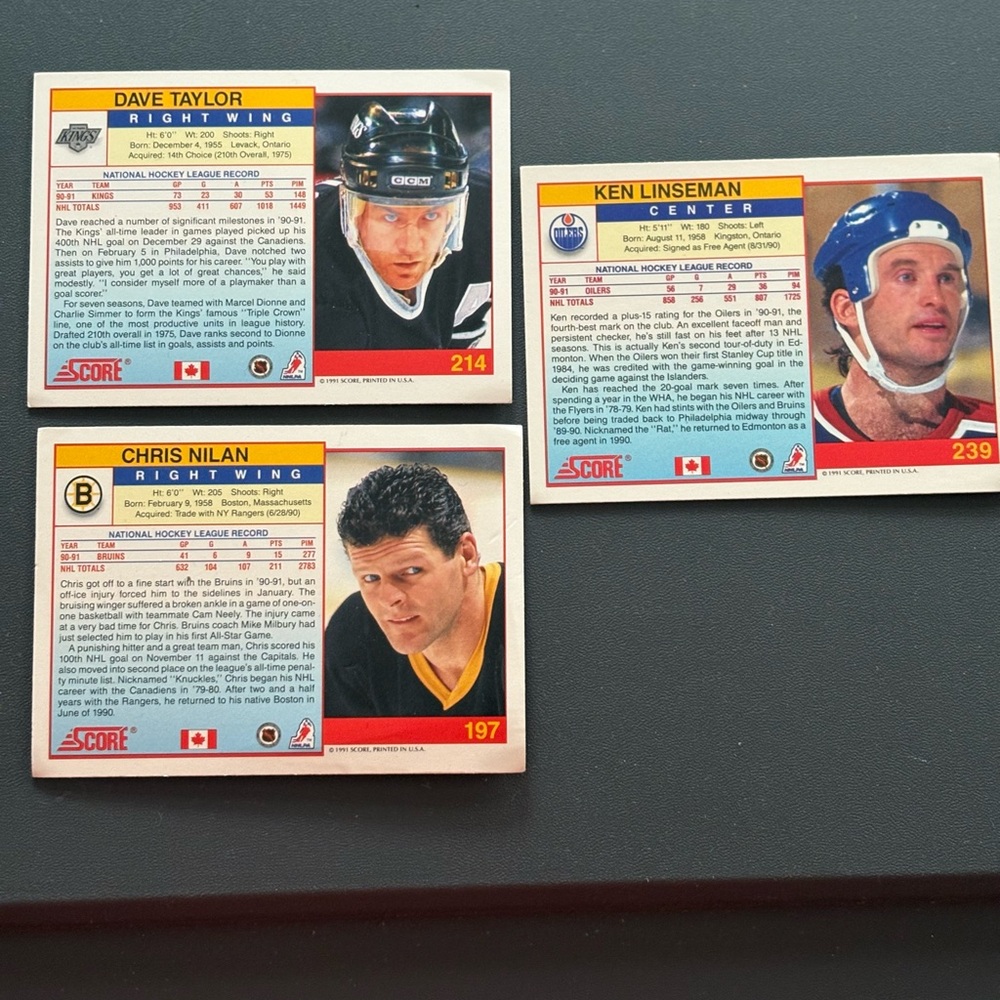 Set (3) 1991 Score NHL Cards-(Nolan, Taylor, Linseman) Bruins / Kings / Oilers - Picture 2 of 2